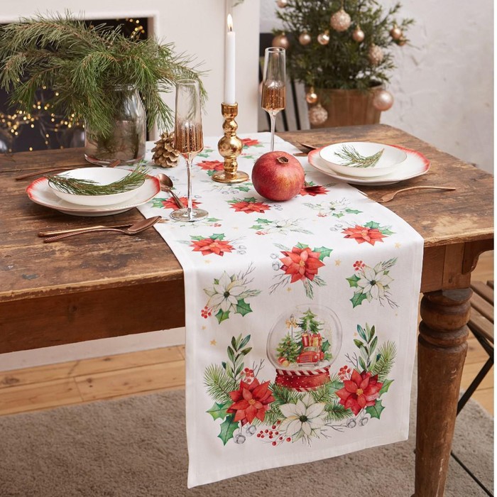 

Дорожка на стол новогодняя Christmas red flowers 40x147 см, 100% хл, саржа 190гр/м2, Белый;красный;зеленый