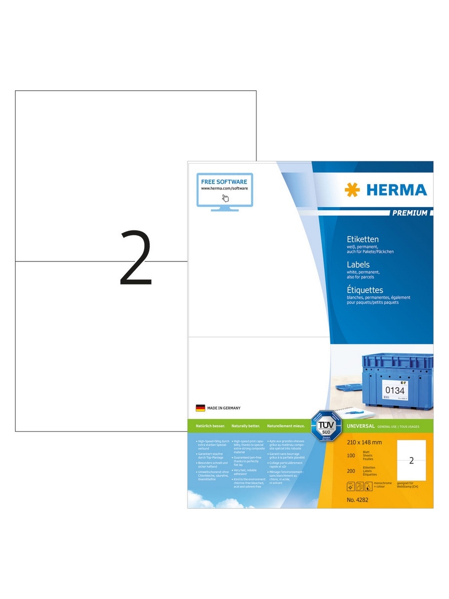 Самоклеящиеся этикетки бумажные HERMA, 4282, 100 листов (200эт) 210*148мм