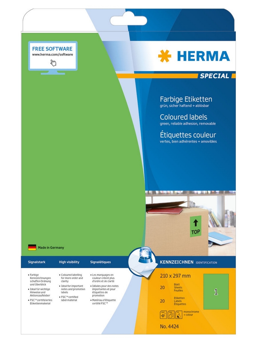 Самоклеящиеся этикетки бумажные HERMA, 4424, 20 листов (20эт) 210*297мм