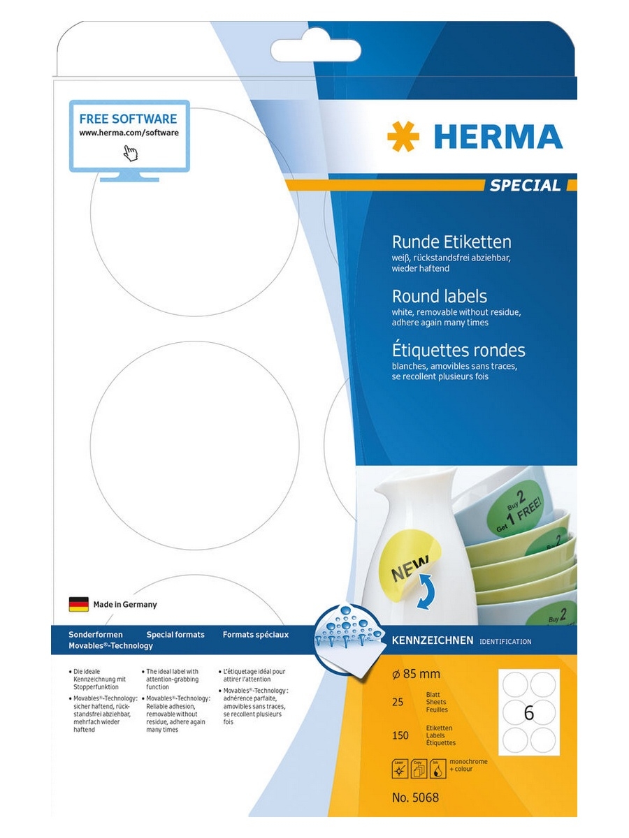 Самоклеящиеся этикетки бумажные HERMA, 5068, 25 листов (150эт) 85мм