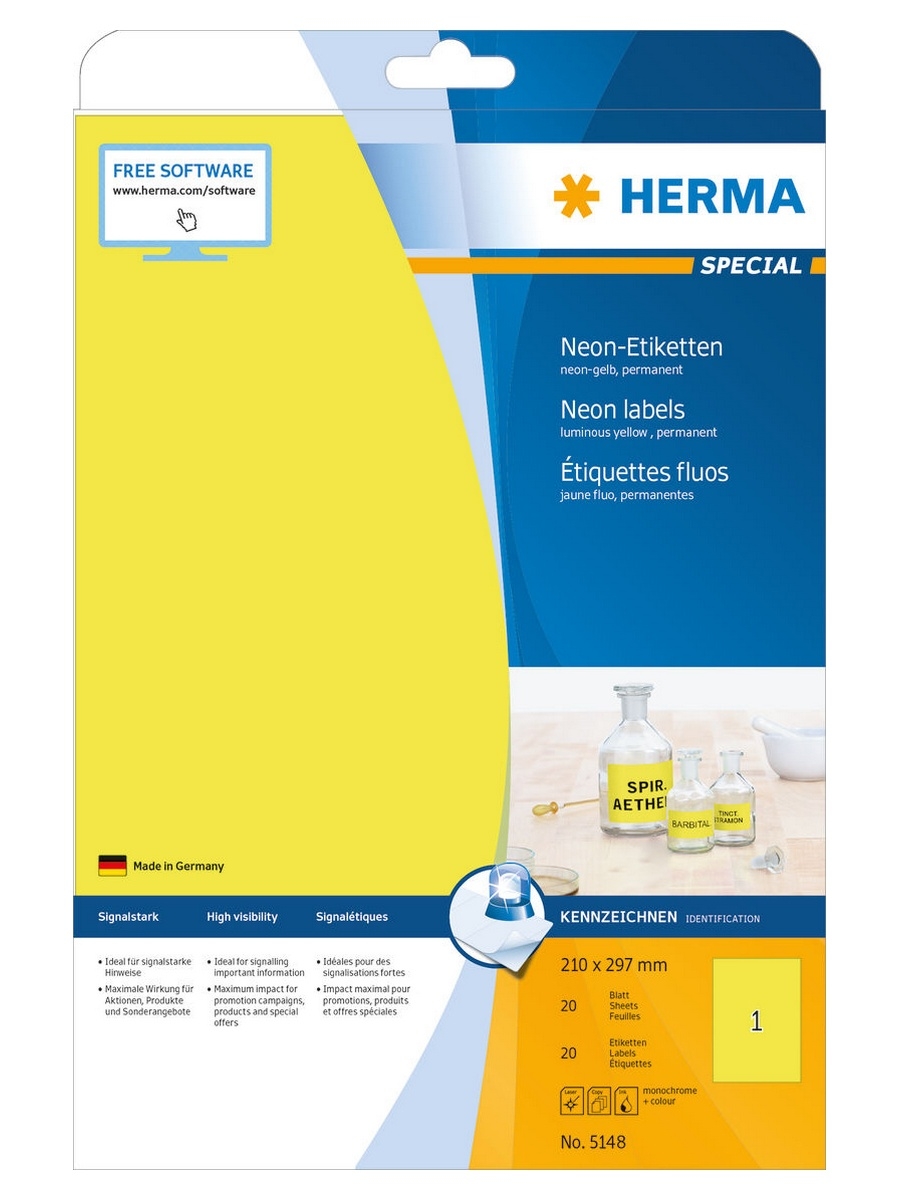 Самоклеящиеся этикетки бумажные HERMA Neon, 5148 A4, 20 листов (20эт) 210*297мм