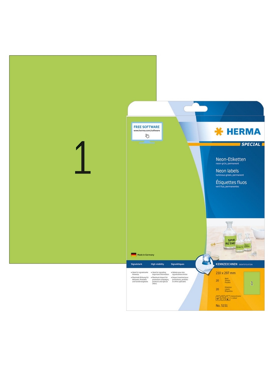 Самоклеящиеся этикетки бумажные HERMA Neon, 5151 A4, 20 листов (20эт) 210*297мм