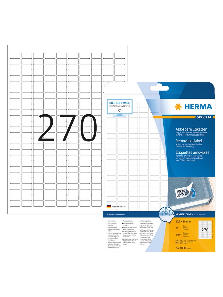 Самоклеящиеся этикетки бумажные HERMA Removable, 10000, 25 листов (6750эт) 17,8*10мм