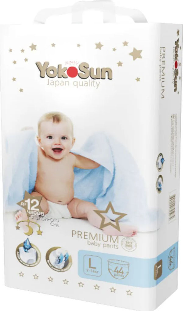 фото Yokosun подгузники-трусики premium размер l (9-14 кг) 44 шт + йококотик