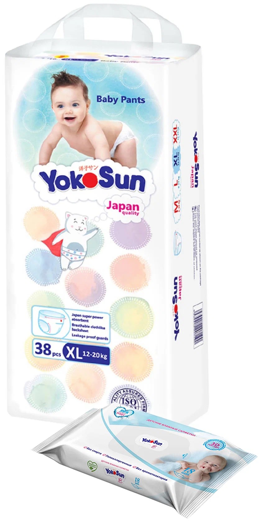

Подгузники-трусики YokoSun размер XL (12-20 кг) 38 шт + Влажные салфетки 18 шт