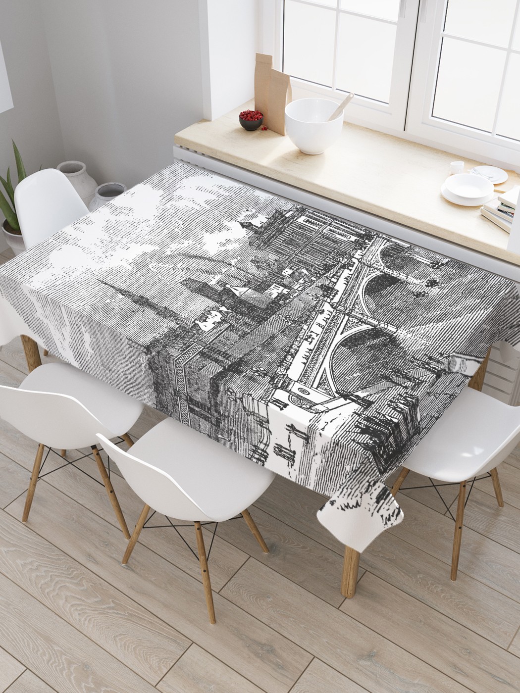 

Скатерть прямоугольная JoyArty "Гравюра города" из сатена, 180x145 см, Серый, Гравюра города