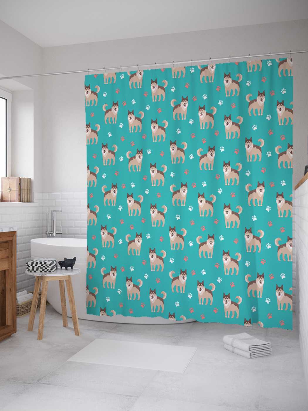 

Штора (занавеска) для ванной JoyArty "Модные хаски" из сатена, 180х200 см с крючками, Модные хаски