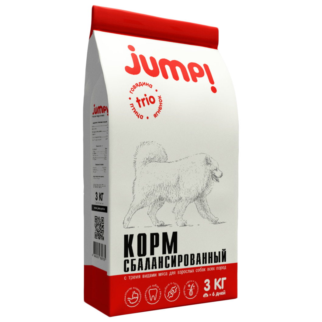 Сухой корм для собак Jump Trio, все породы, ягненок, говядина, домашняя птица, 3кг