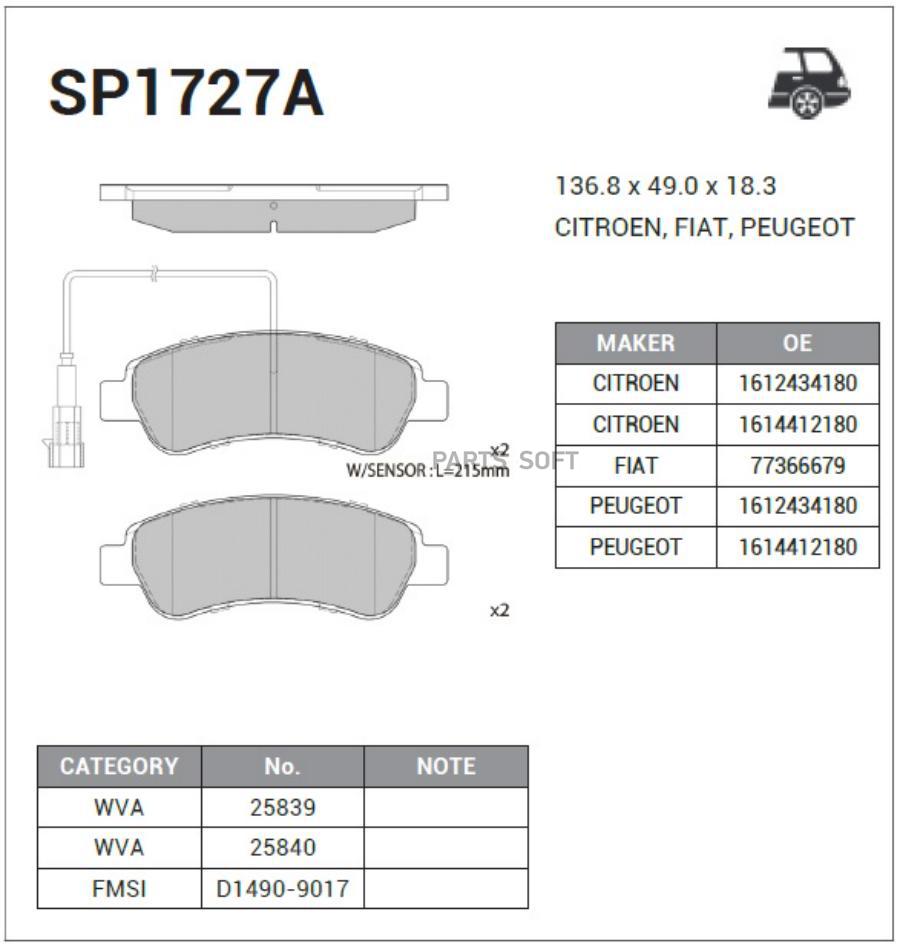 

Колодки тормозные SANGSINBRAKE SP1727A, SP1727A