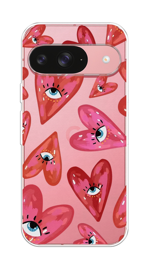 

Чехол на Google Pixel 9 "Сердечки с глазами", Коричневый;красный;розовый, 271950-1