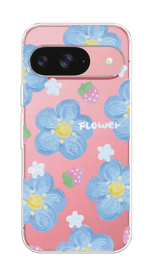 

Чехол на Google Pixel 9 "Цветы и клубники", Прозрачный;голубой;белый, 271950-1