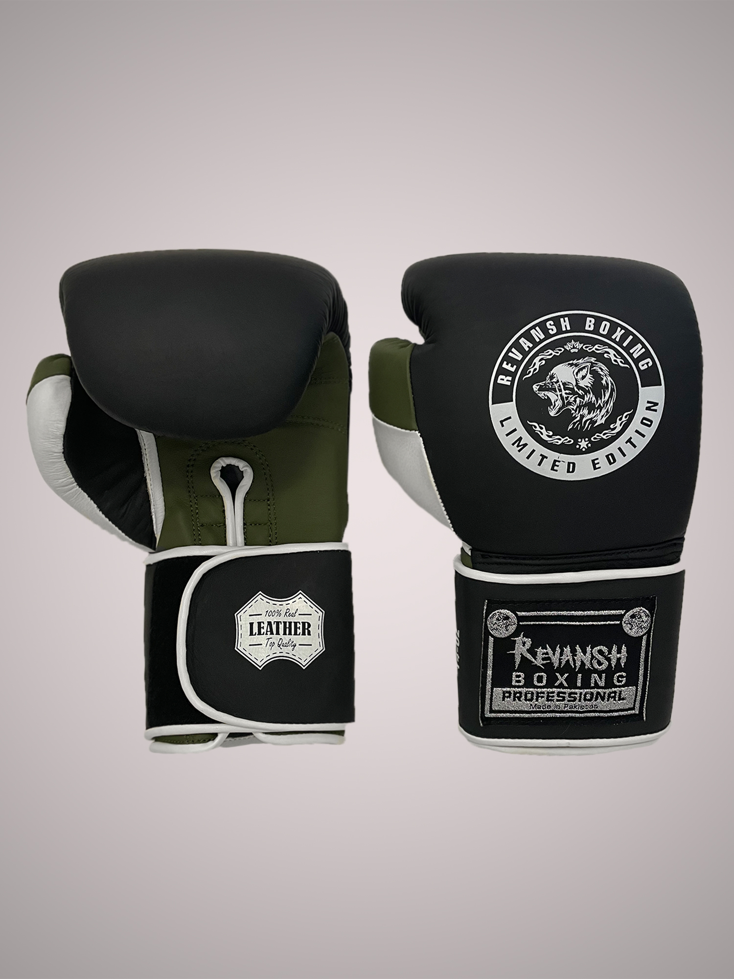 Боксерские Перчатки REVANSH PRO BLACK WHITE KHAKI 14 унций из натуральной кожи