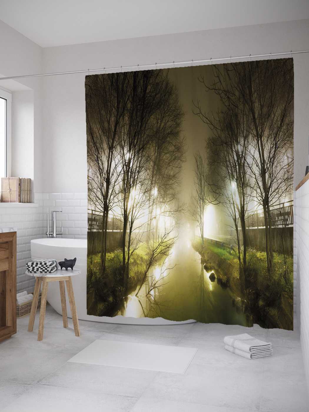 

Штора (занавеска) для ванной JoyArty "Туманный пейзаж" из сатена, 180х200 см с крючками, Зеленый, Туманный пейзаж