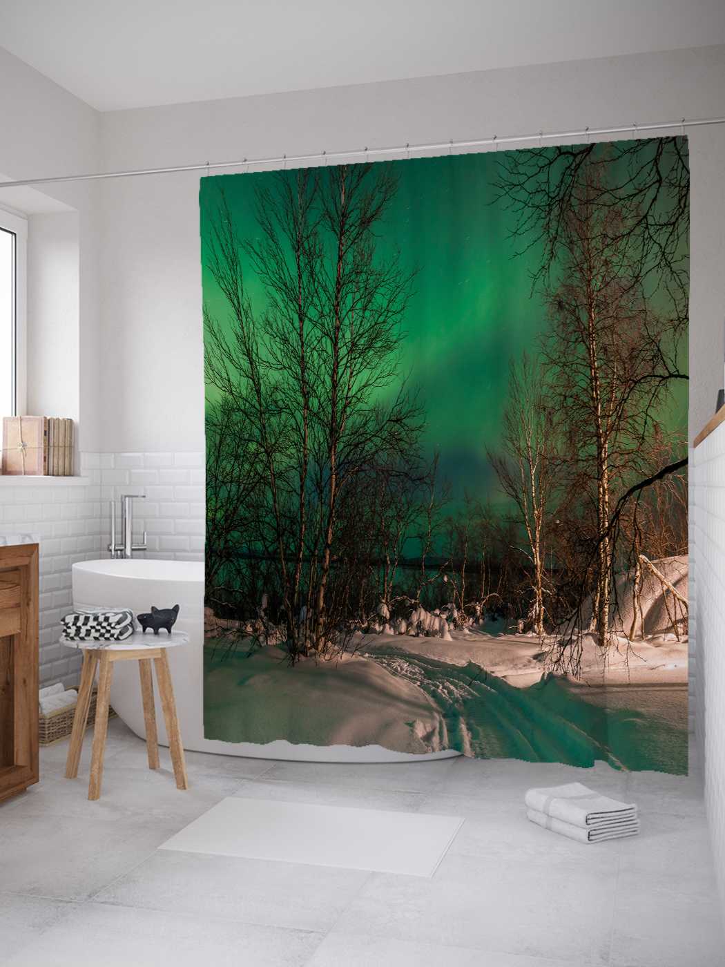 

Штора для ванной JoyArty "Северное сияние над лесом" из сатена, 180х200 см с крючками, Белый, Северное сияние над лесом