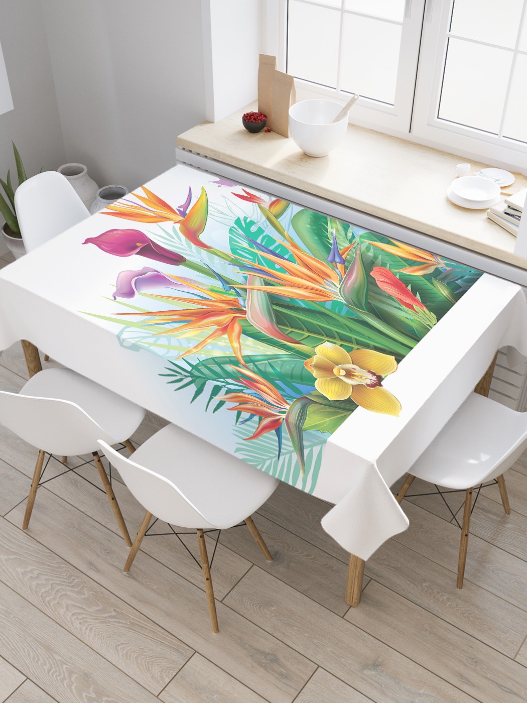 

Скатерть прямоугольная JoyArty "Букет со стрелицией" из сатена, 180x145 см, Зеленый, Букет со стрелицией