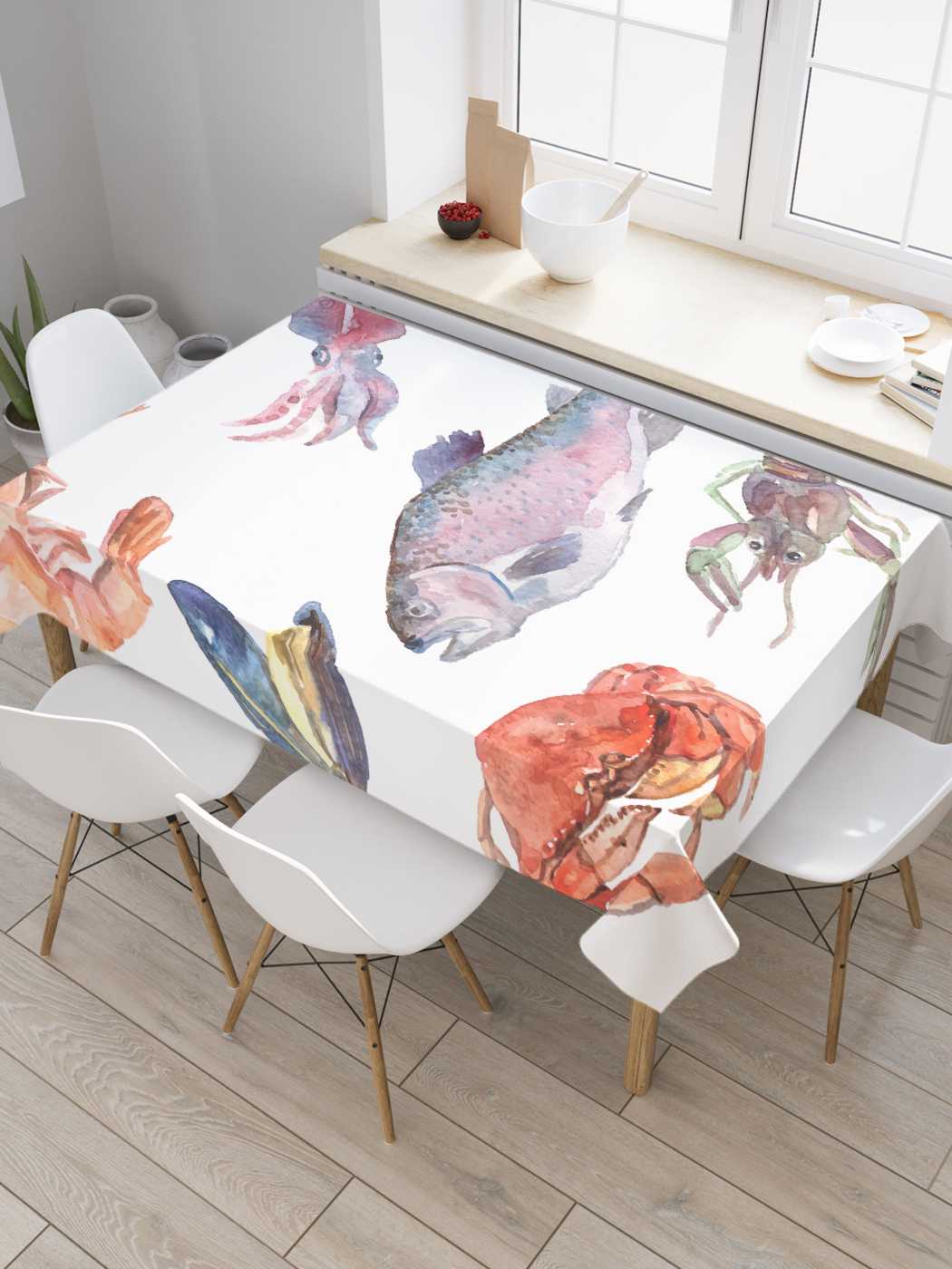 

Скатерть прямоугольная JoyArty "Морская жизнь" из оксфорда, 120x145 см, Белый, Морская жизнь