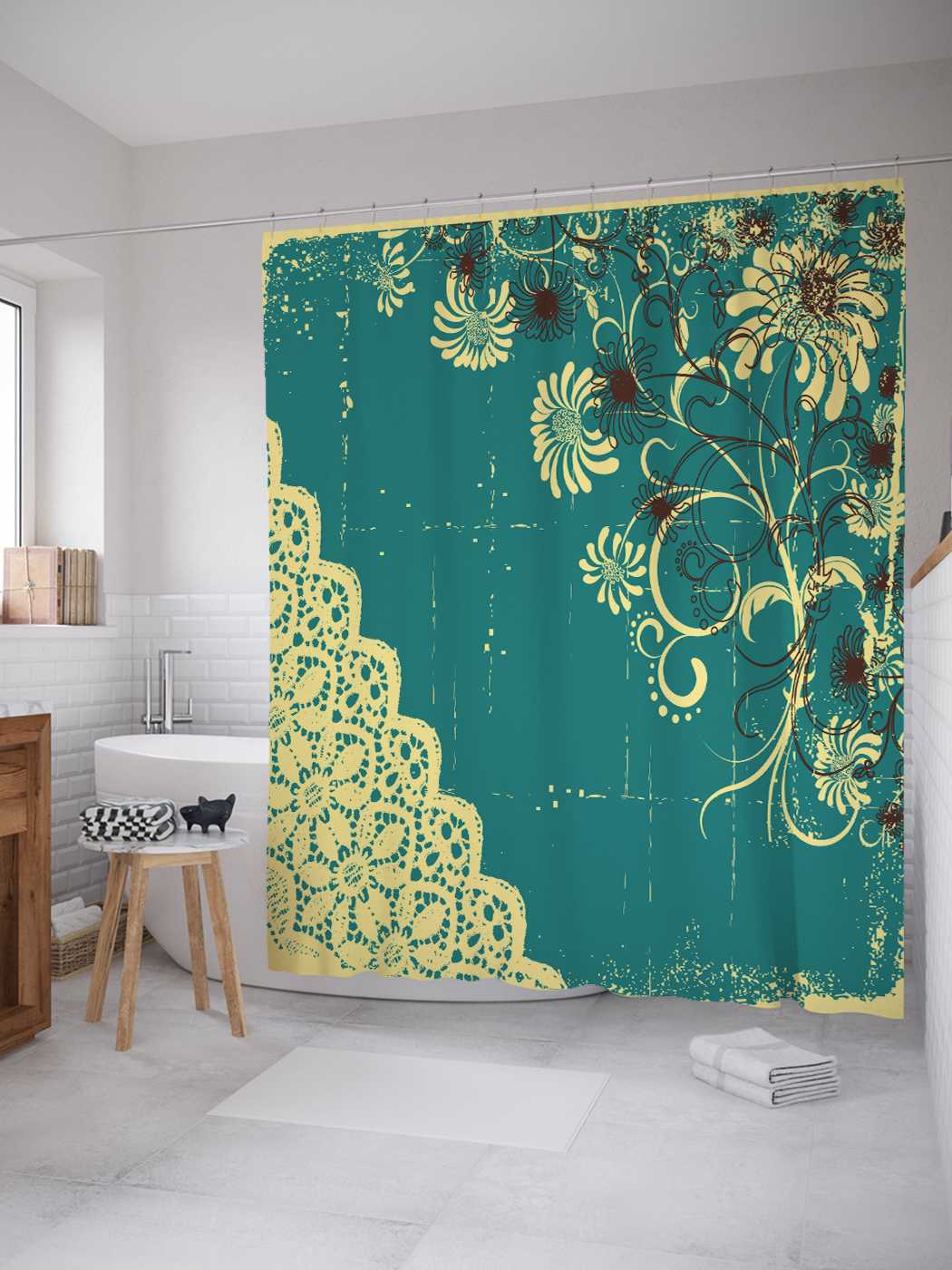 

Штора (занавеска) для ванной JoyArty "Цветы с кружевом" из сатена, 180х200 см с крючками, Голубой, Цветы с кружевом