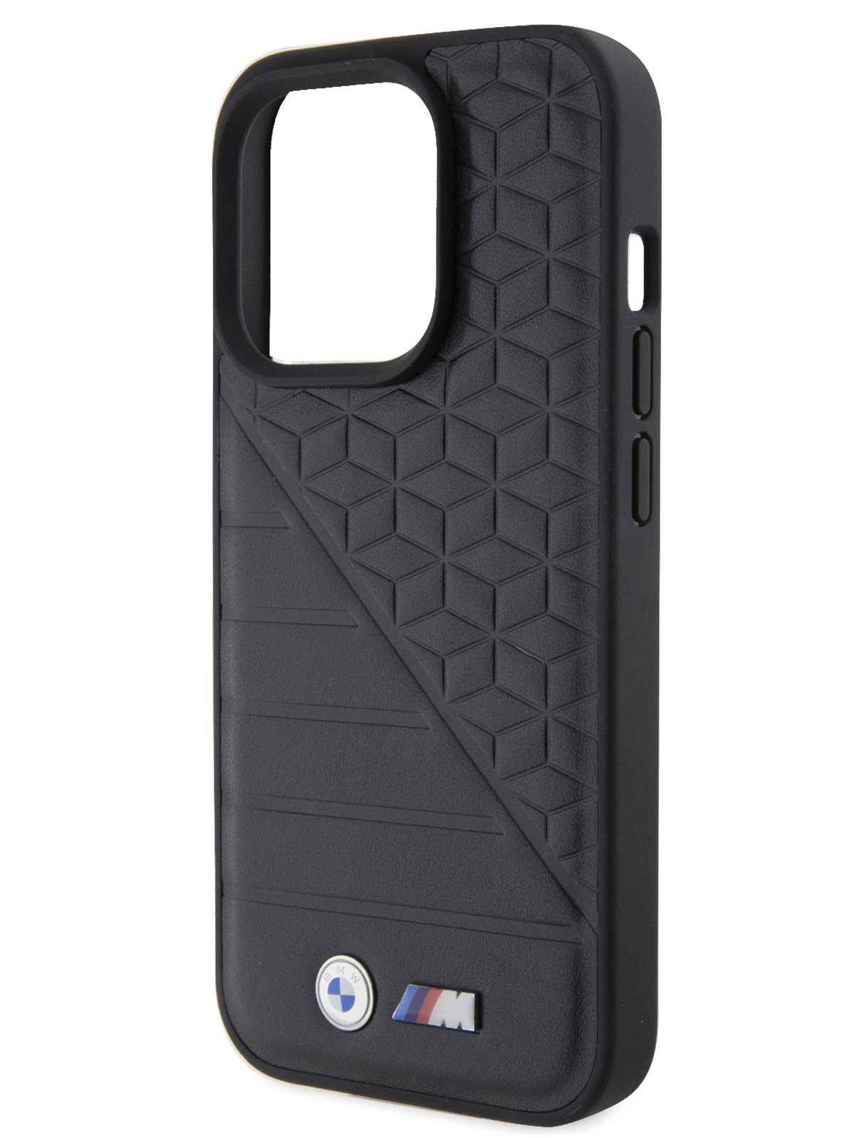 Чехол BMW для iPhone 15 Pro Max из тисненной экокожи с 2 металлическими логотипами, черный