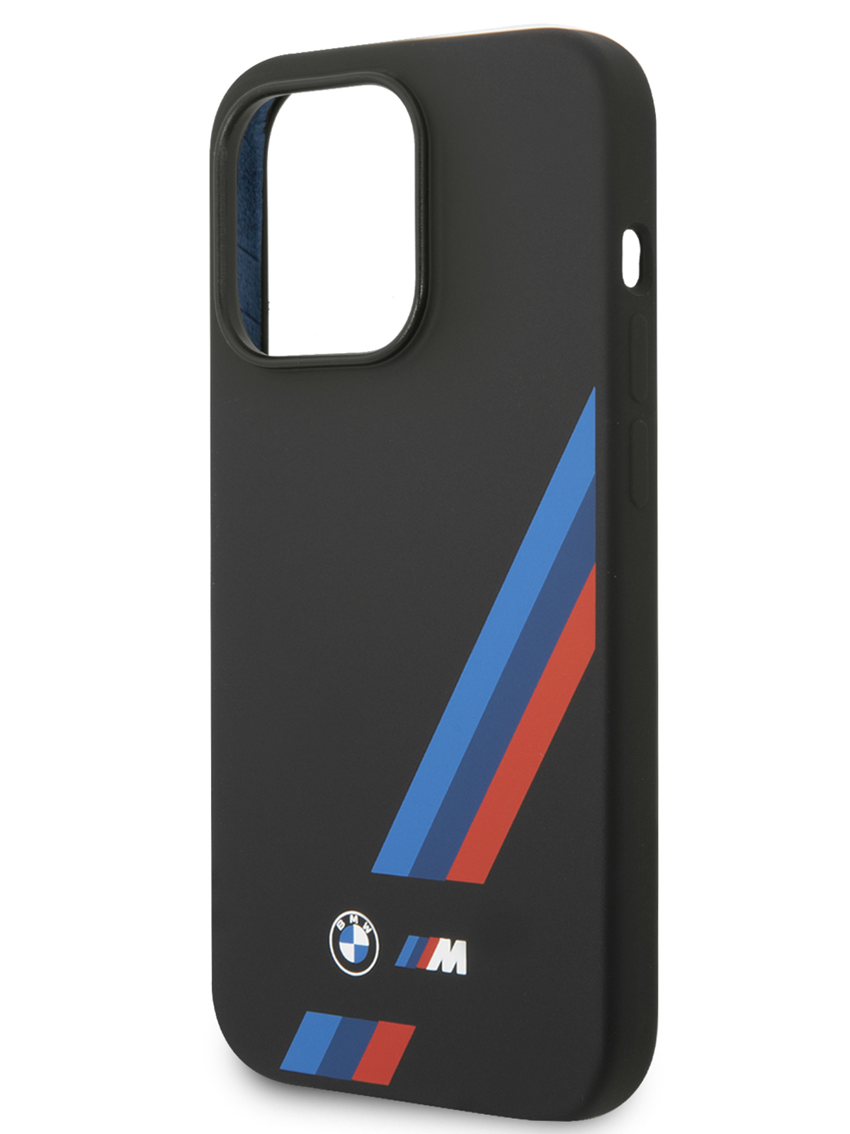 Чехол BMW для iPhone 15 Pro с покрытием Soft-touch и принтом Tricolor lines, черный