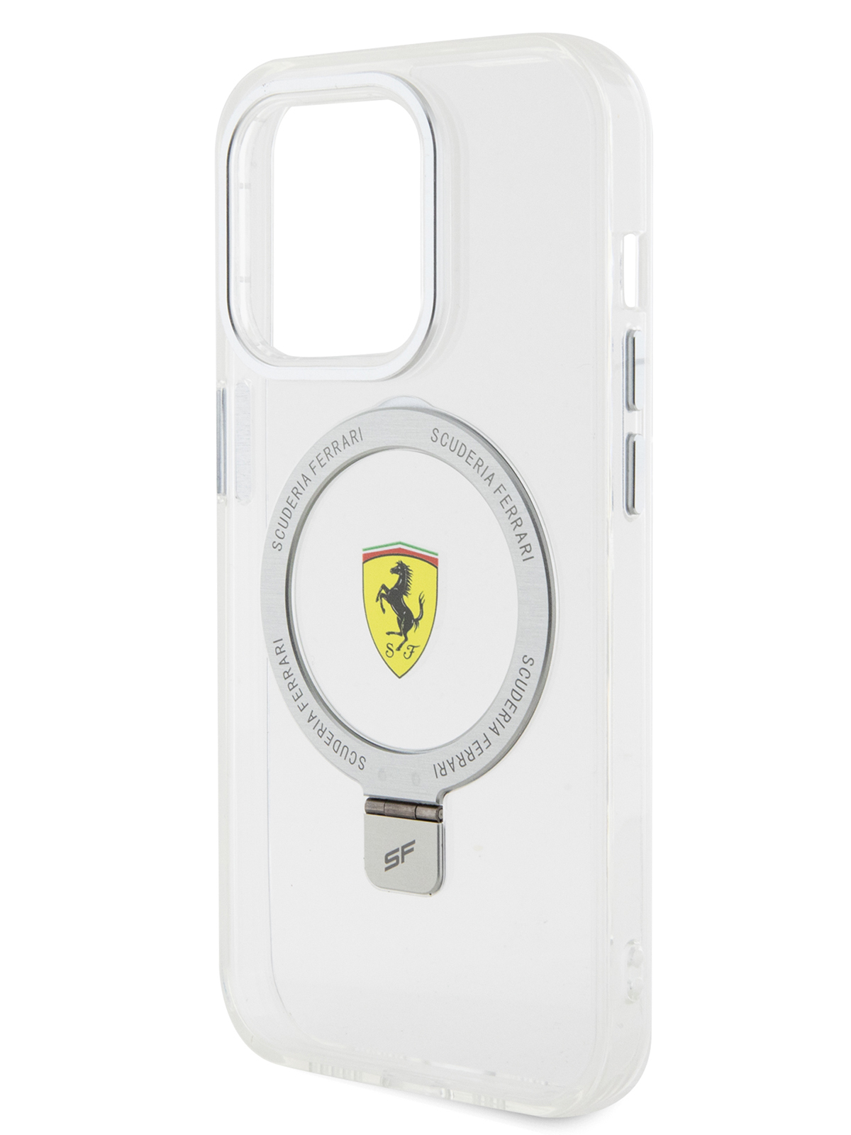 Чехол Ferrari для iPhone 15 Pro с кольцом и функцией подставки, прозрачный с серебристым