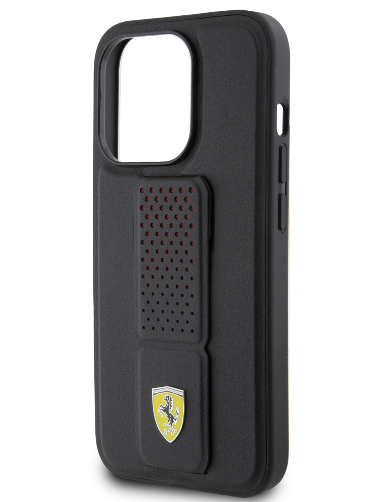 Чехол Ferrari для iPhone 15 Pro из экокожи с функцией подставки, черный