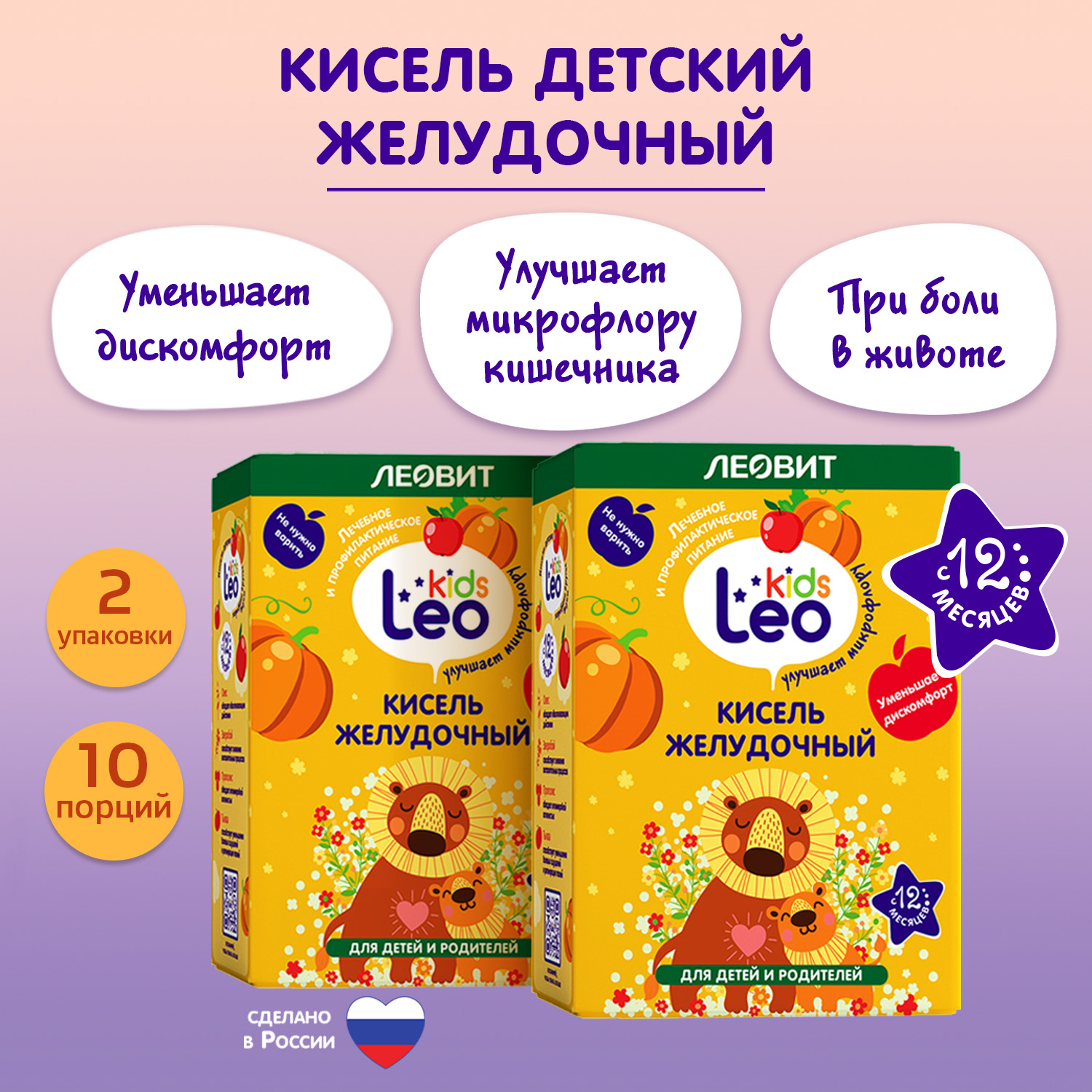 Кисель Леовит желудочный Leo Kids 10 пак по 12 г 2 уп по 60 г