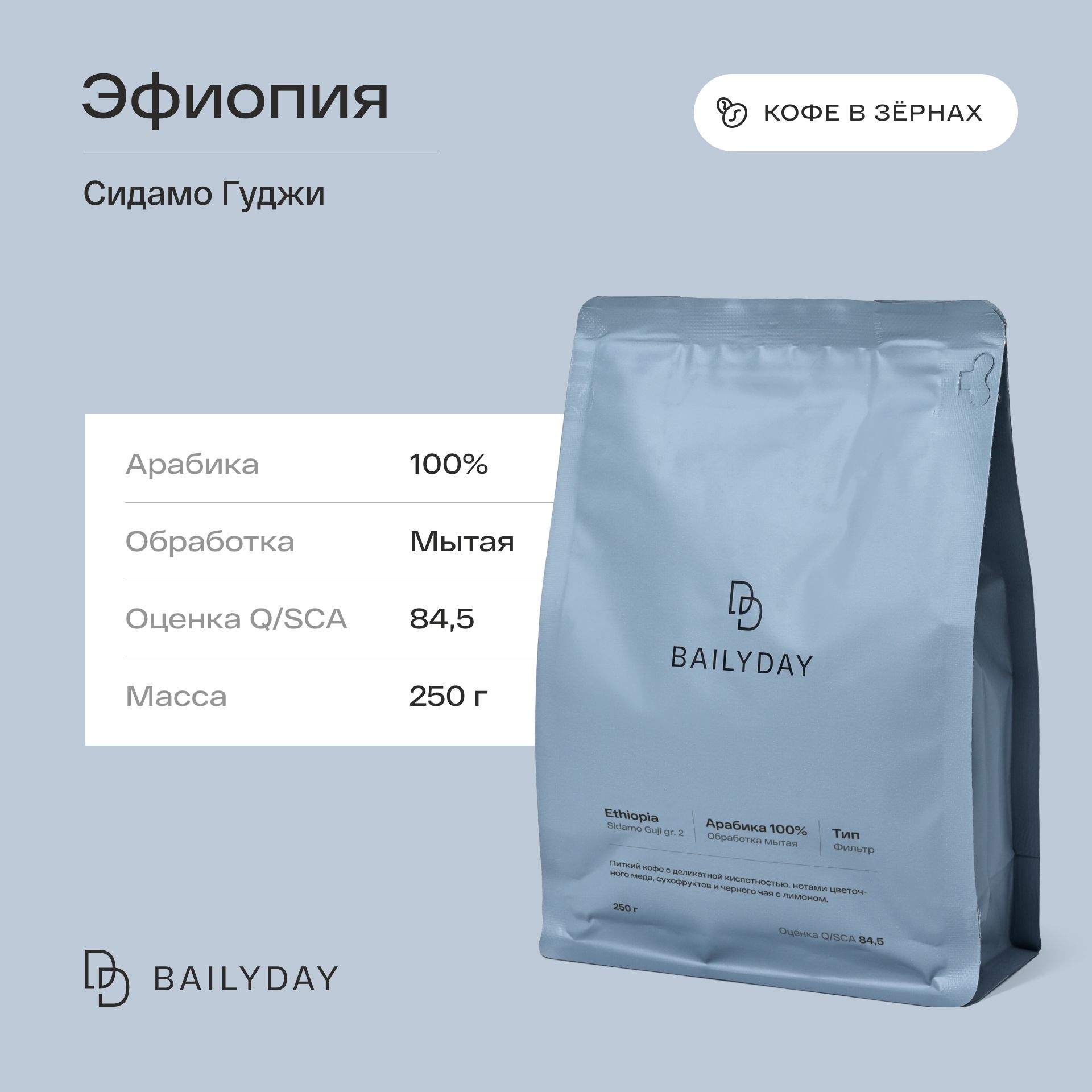 Кофе в зернах Эфиопия Сидамо Гуджи Bailyday 100 арабика обжарка под фильтр 250 г 675₽