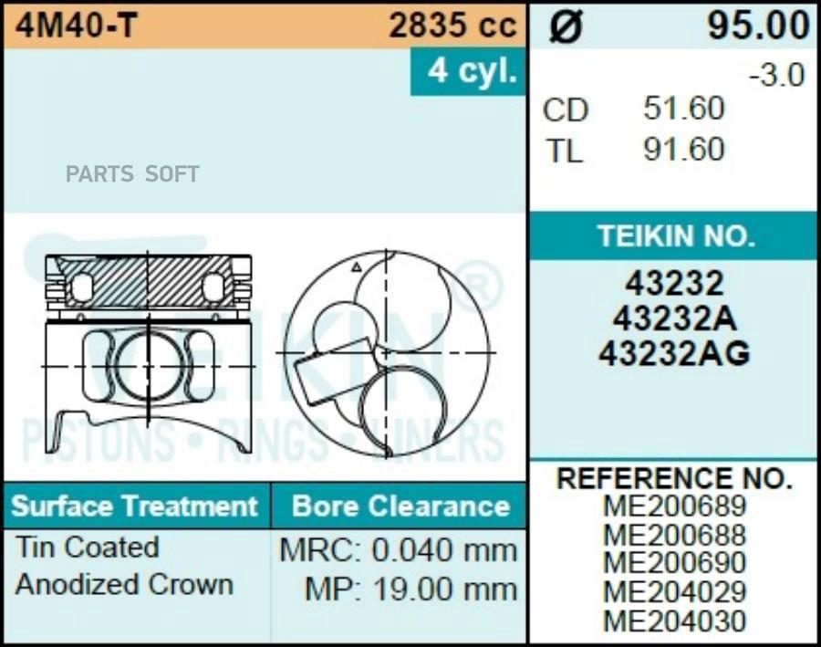 

Поршни TEIKIN 43232 Mitsubishi Challenger; Pajero; Montero 4m40 94-