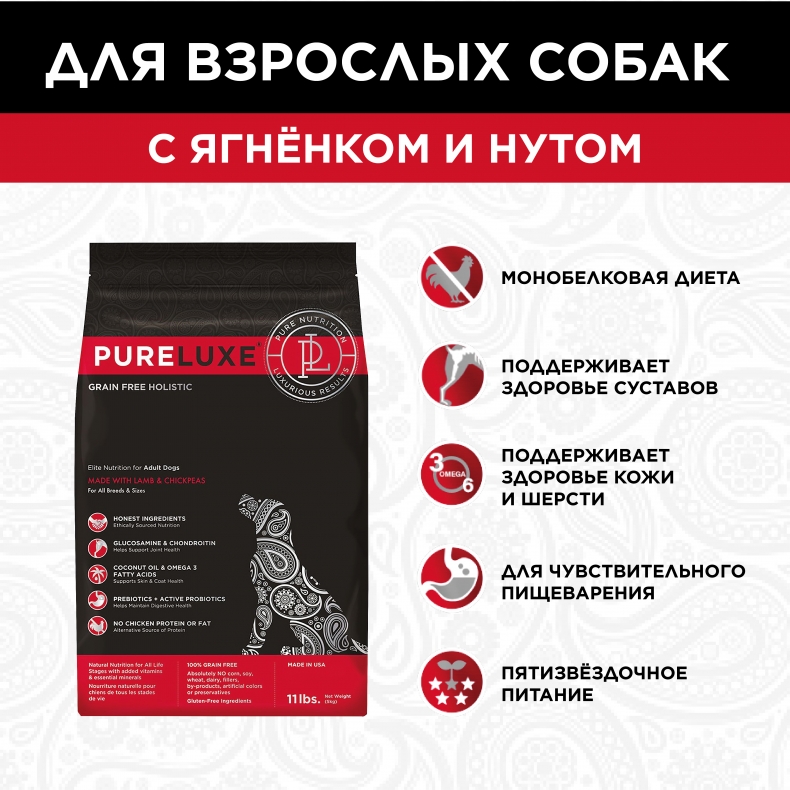 Сухой корм для собак PureLuxe GF Holistic, ягненок и нут, 10,89кг
