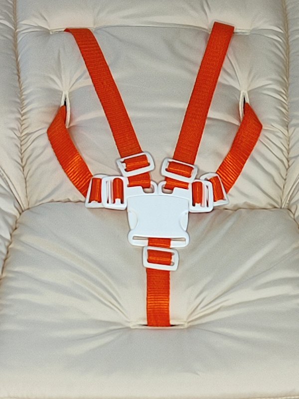 фото Пятиточечный ремень безопасности студия стрекоза белая пряжка, оранжевые лямки, 100335