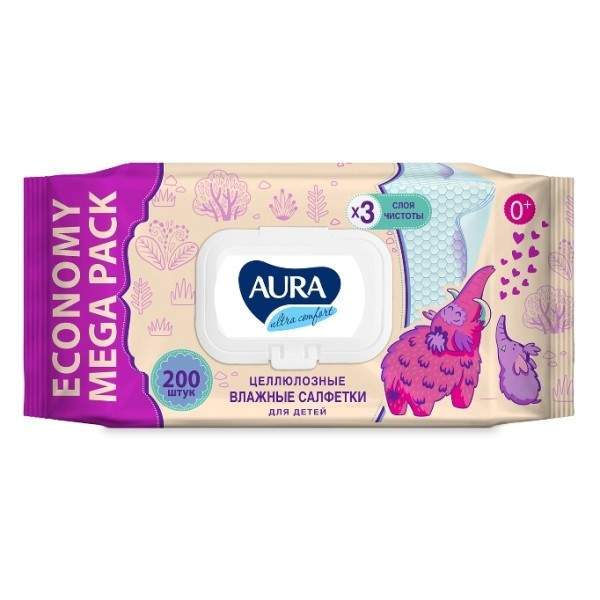 Влажные салфетки AURA, артикул 762580, 200шт. х 3 упак. brush baby салфетки влажные детские для зубов и ротовой полости new 28