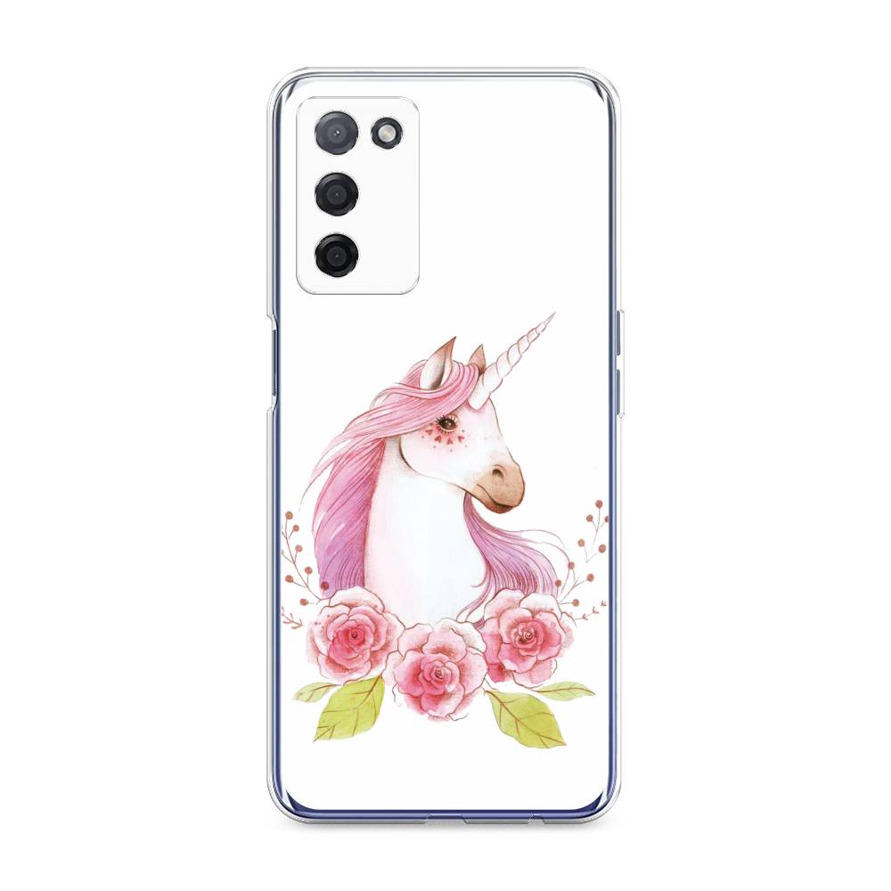 

Чехол на Oppo A55 5G "Единорог цветы", Белый;розовый;серый, 256250-1