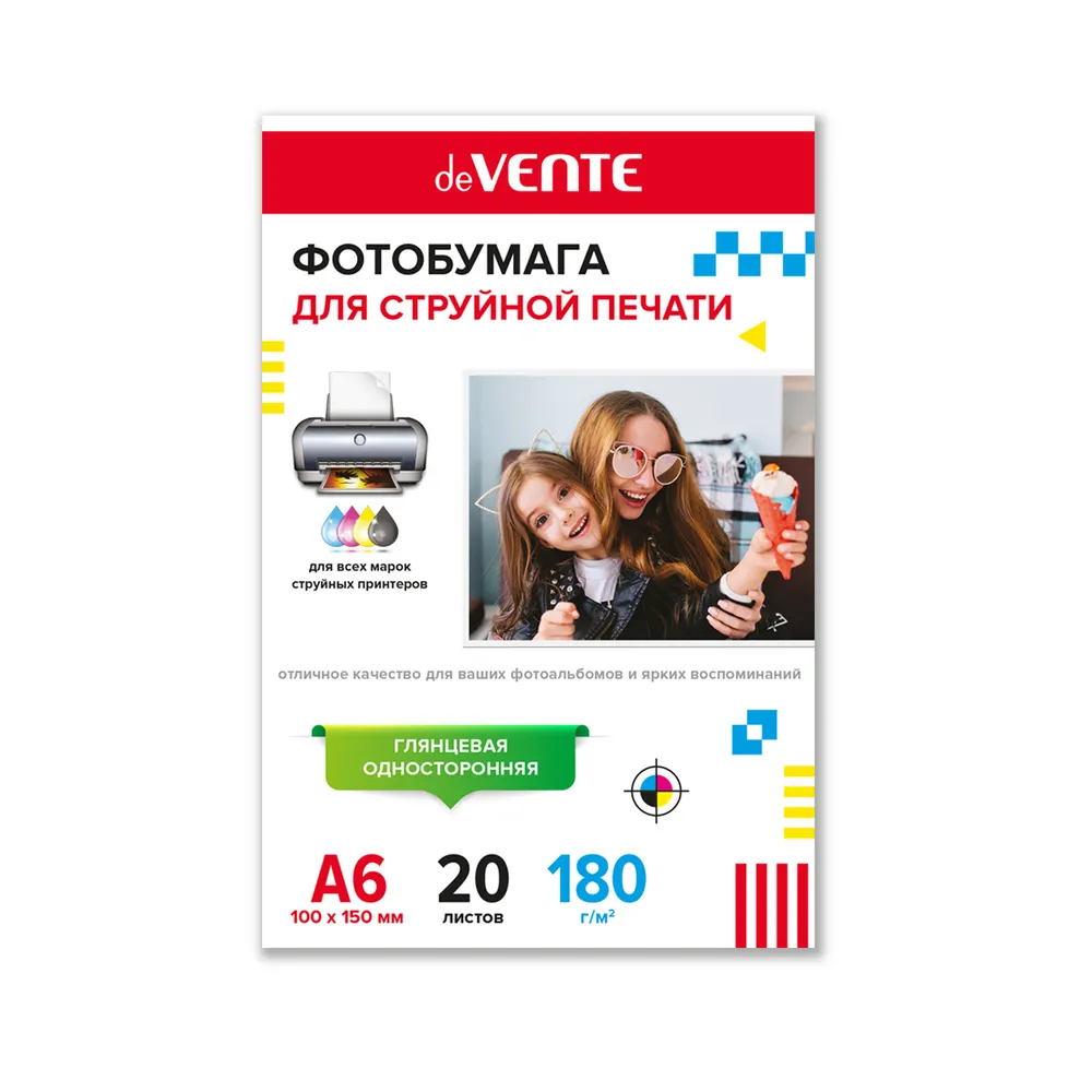

Бумага фото А6, 180г/м, deVente, глянцевая, односторонняя, 20л, Белый, deVente