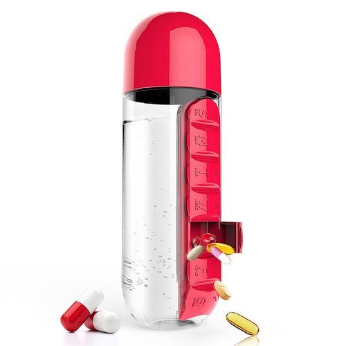 Бутылка для воды с таблетницей Pill & Vitamen Organizer Bottle, красная