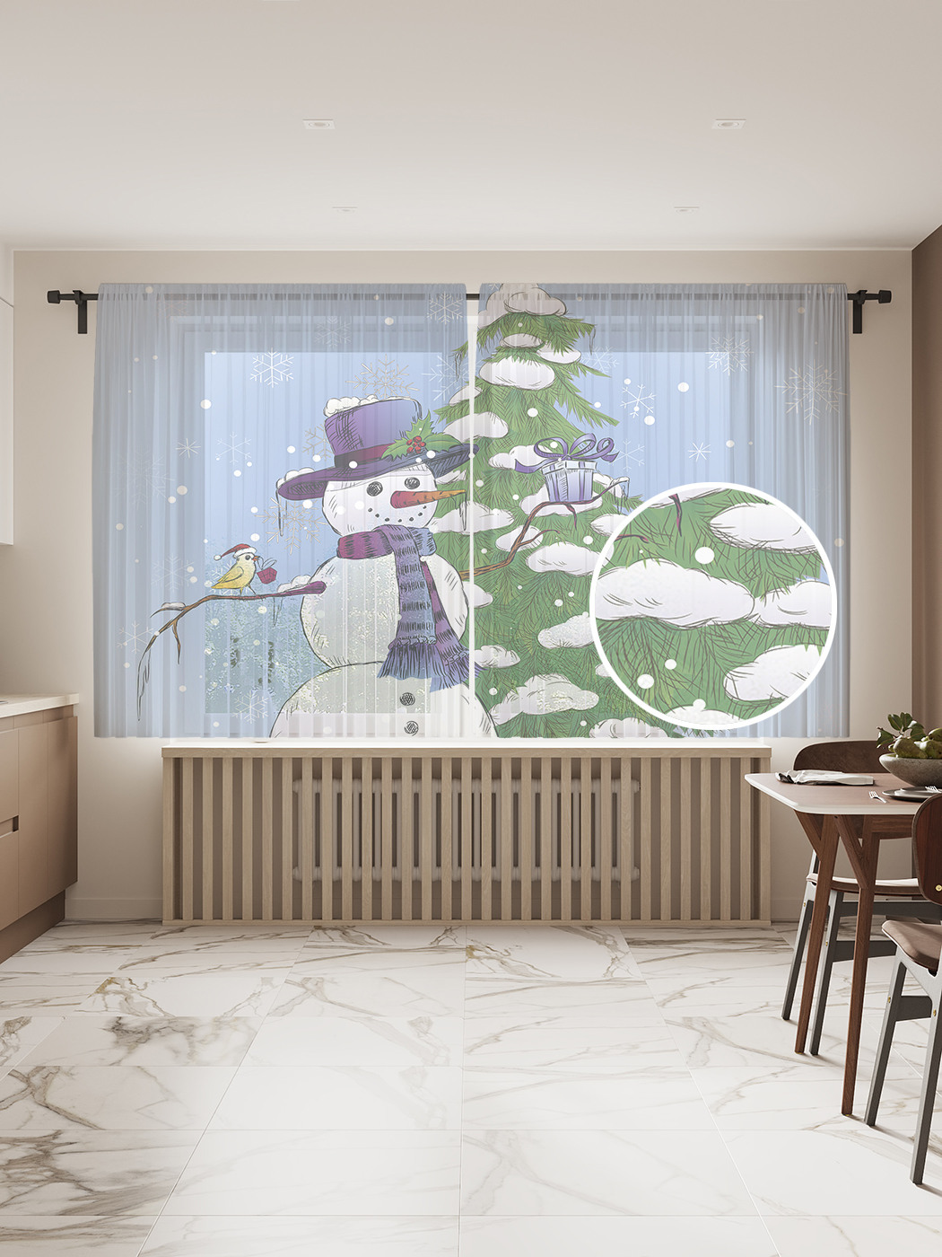 

Фототюль JoyArty "Приветливый снеговик" 145x180см, 2 полотна, лента, 50 крючков, Приветливый снеговик