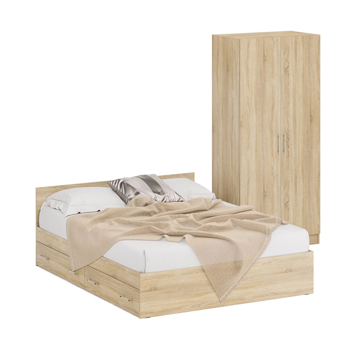 Двуспальная кровать с ящиками со шкафом 2-х створчатым СВК Стандарт 1600Я+Ш2 дуб сонома