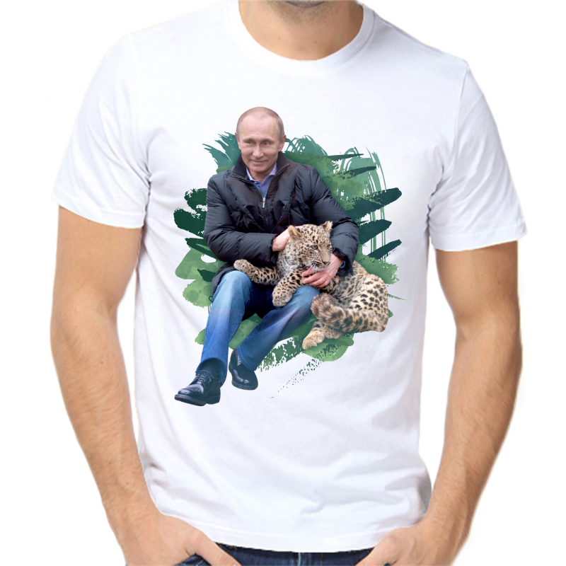 

Футболка мужская белая 44 р-р с Путиным и ягуаром, Белый, fm_putin_i_yaguar