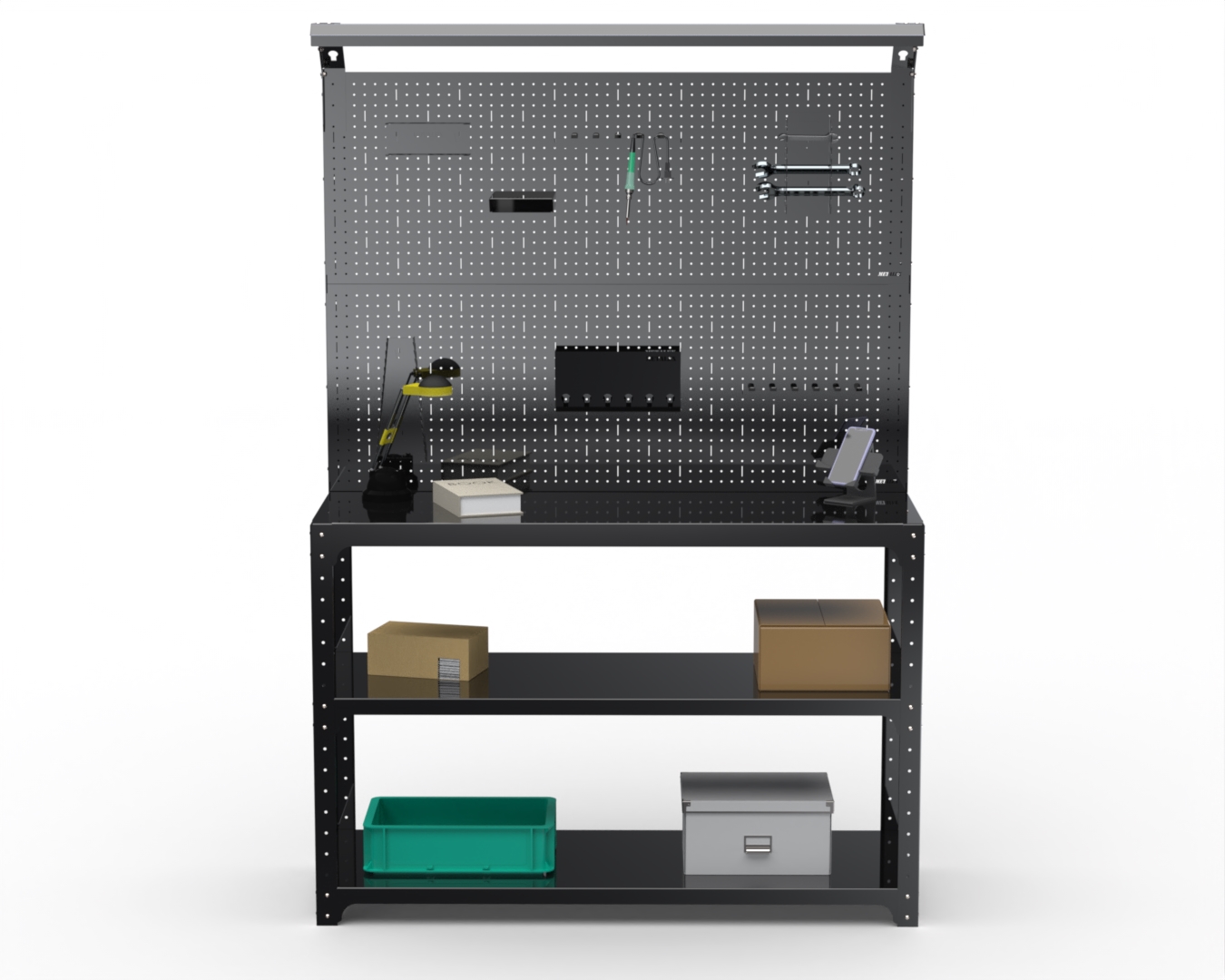 

Стол-верстак Metalex серия KIT 950х1000х600 2-е полки, двойная перфопанель, освещение, Черный
