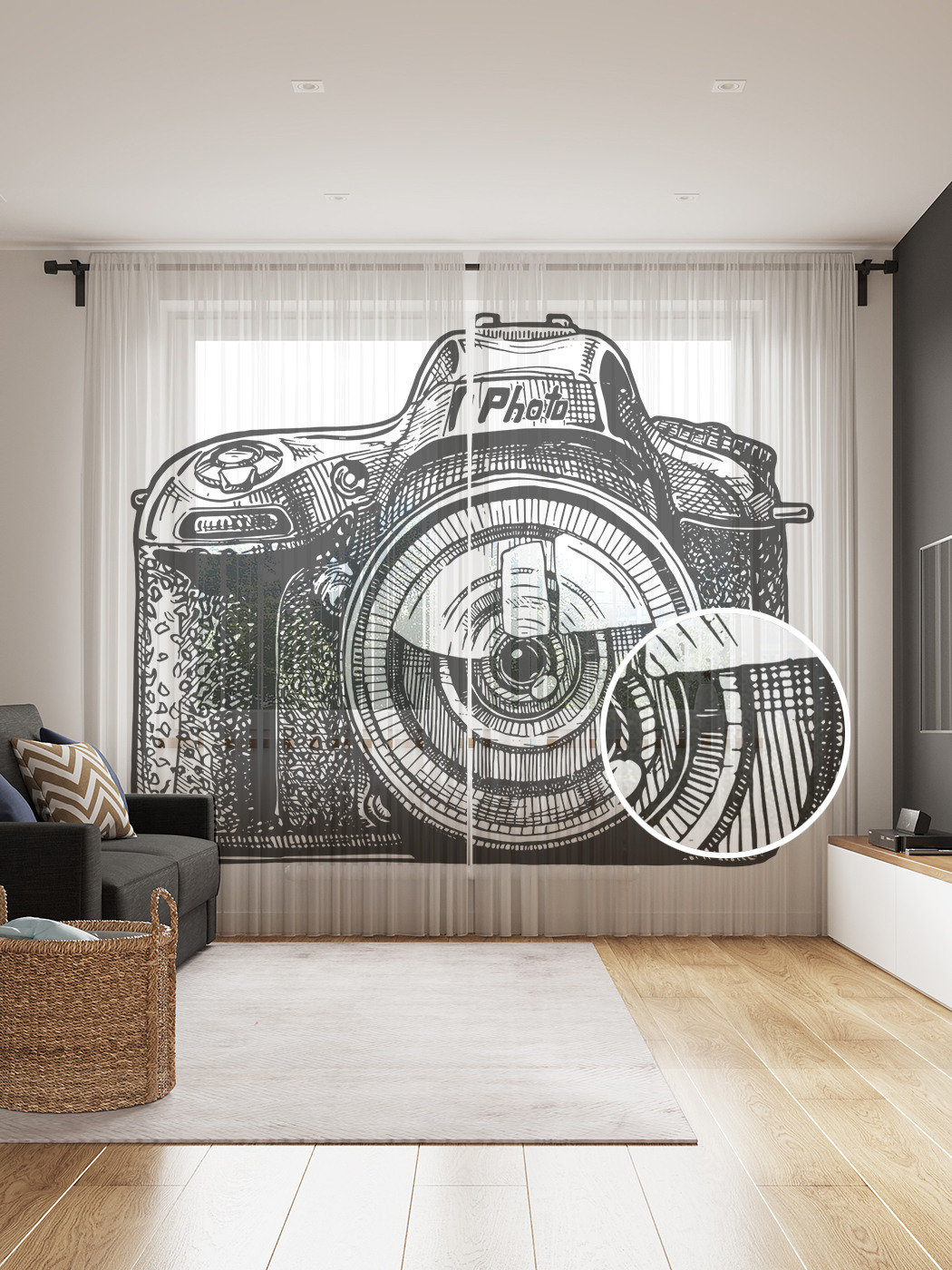 

Фототюль JoyArty "Отблеск в объективе", 145x265см, 2 полотна, лента, 50 крючков, Отблеск в объективе