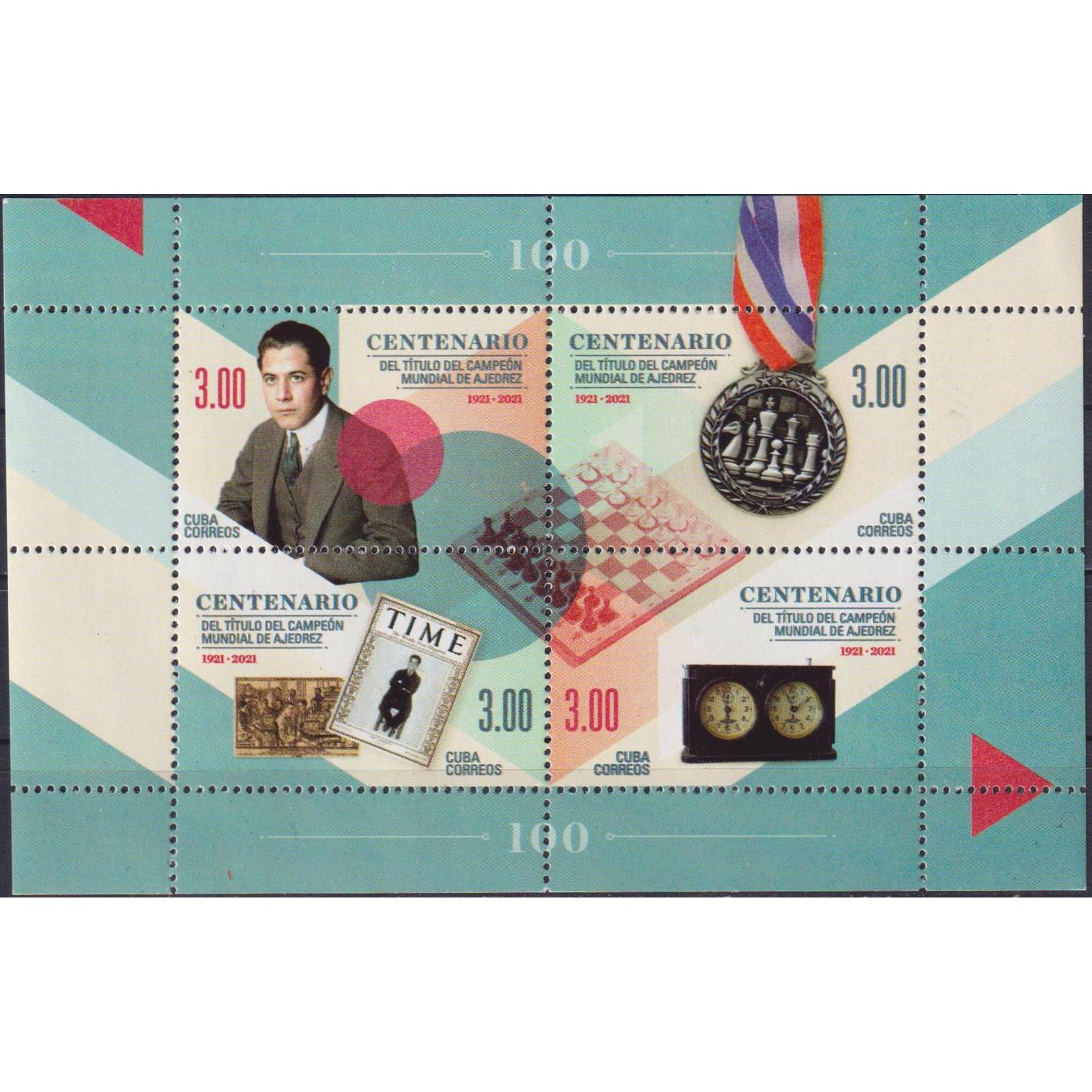 

Почтовые марки Куба 100 лет шахматному чемпионату 1921 года Хосе Рауля Капабланки Спорт