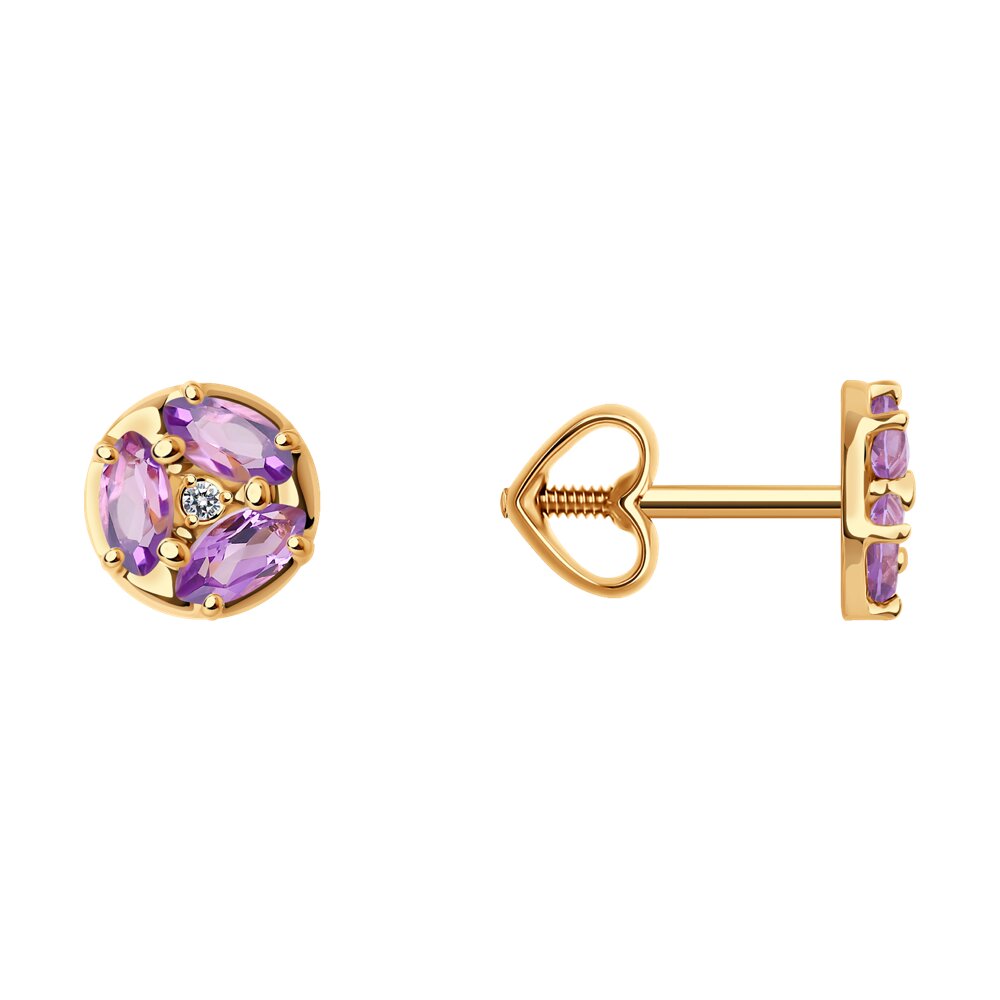 

Серьги пусеты из красного золота Diamant 51-322-02093-3, фианит/аметист, 51-322-02093-3