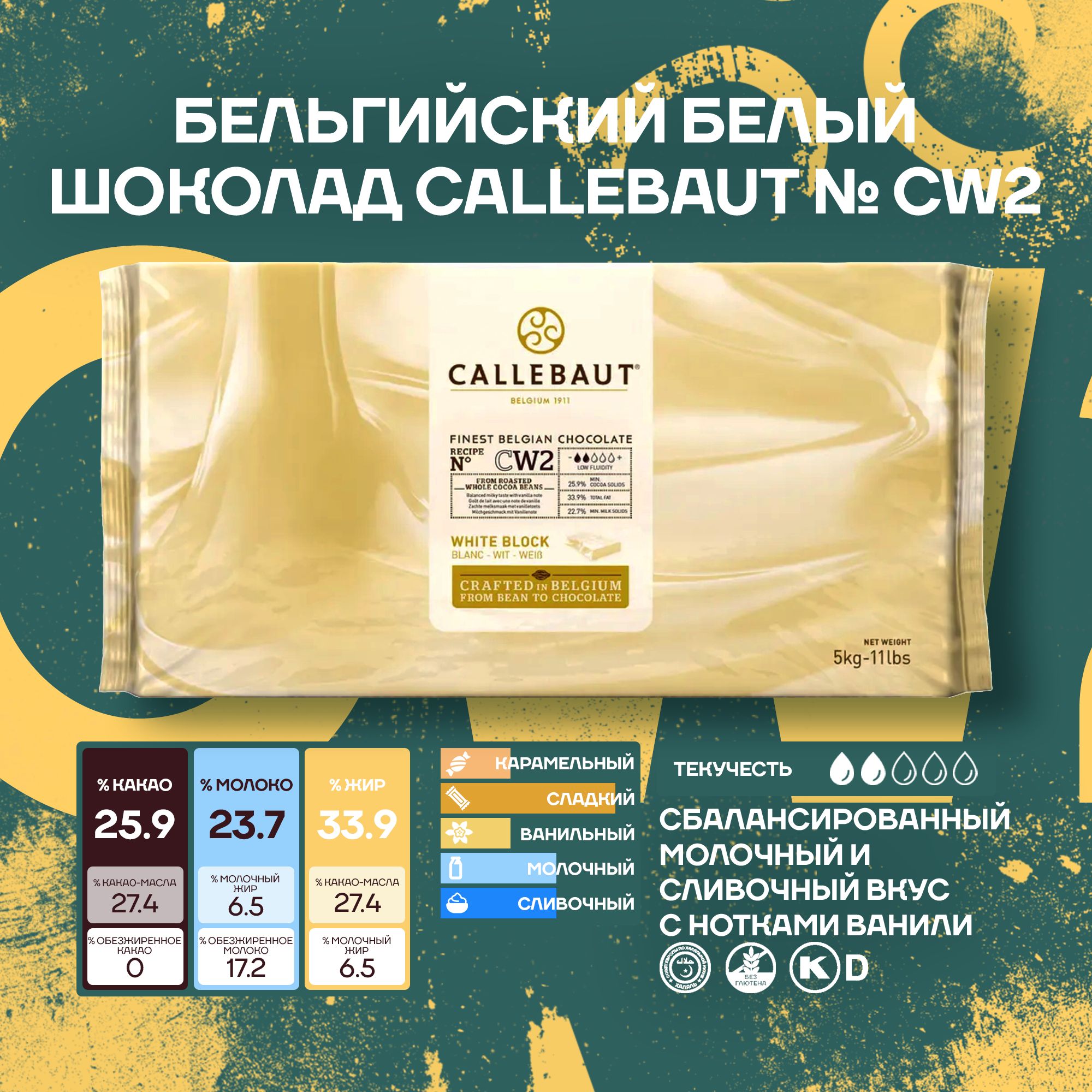 Бельгийский белый шоколад Callebaut CW2 Блок, Плитка, 5 кг