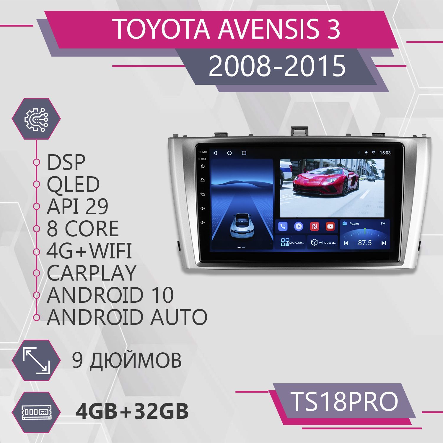 Магнитола Точка Звука TS18Pro для Toyota Avensis 3/ Тойота Авенсис 4+32GB 2din