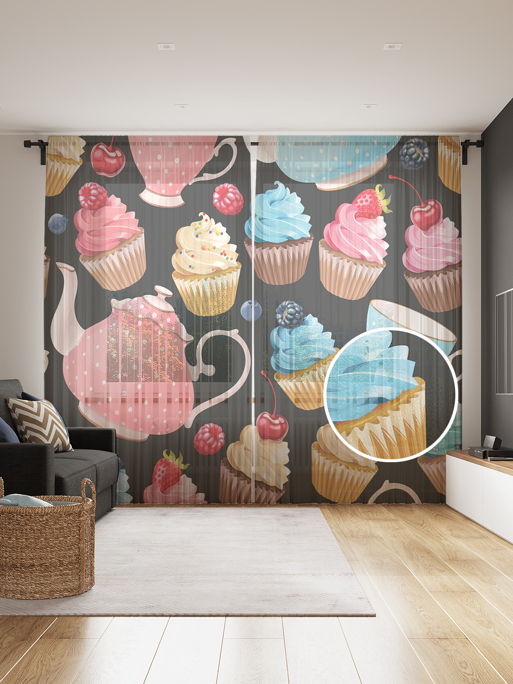 

Фототюль JoyArty "Пирожные с ягодами", 145x265см, 2 полотна, лента, 50 крючков, Пирожные с ягодами