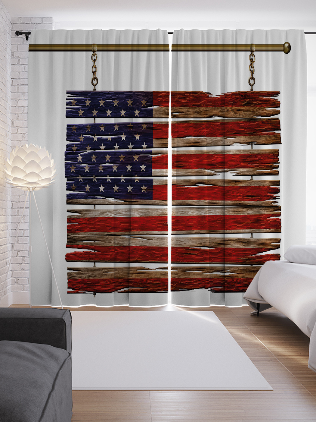 

Шторы JoyArty с фотопечатью "Флаг США на досках" из сатена, 290х265 см, Флаг США на досках