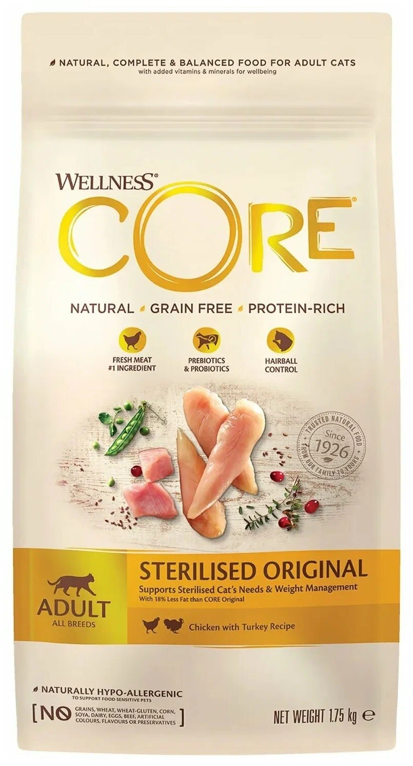 Сухой корм для кошек Wellness Core, для стерилизованных, курица, индейка, 1,75кг