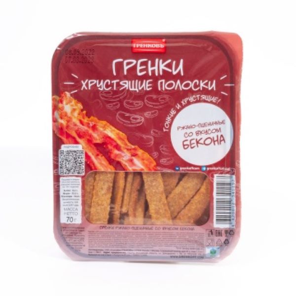 

Гренки Гренковъ Хрустящие полоски ржано-пшеничные, со вкусом бекона, 70 г