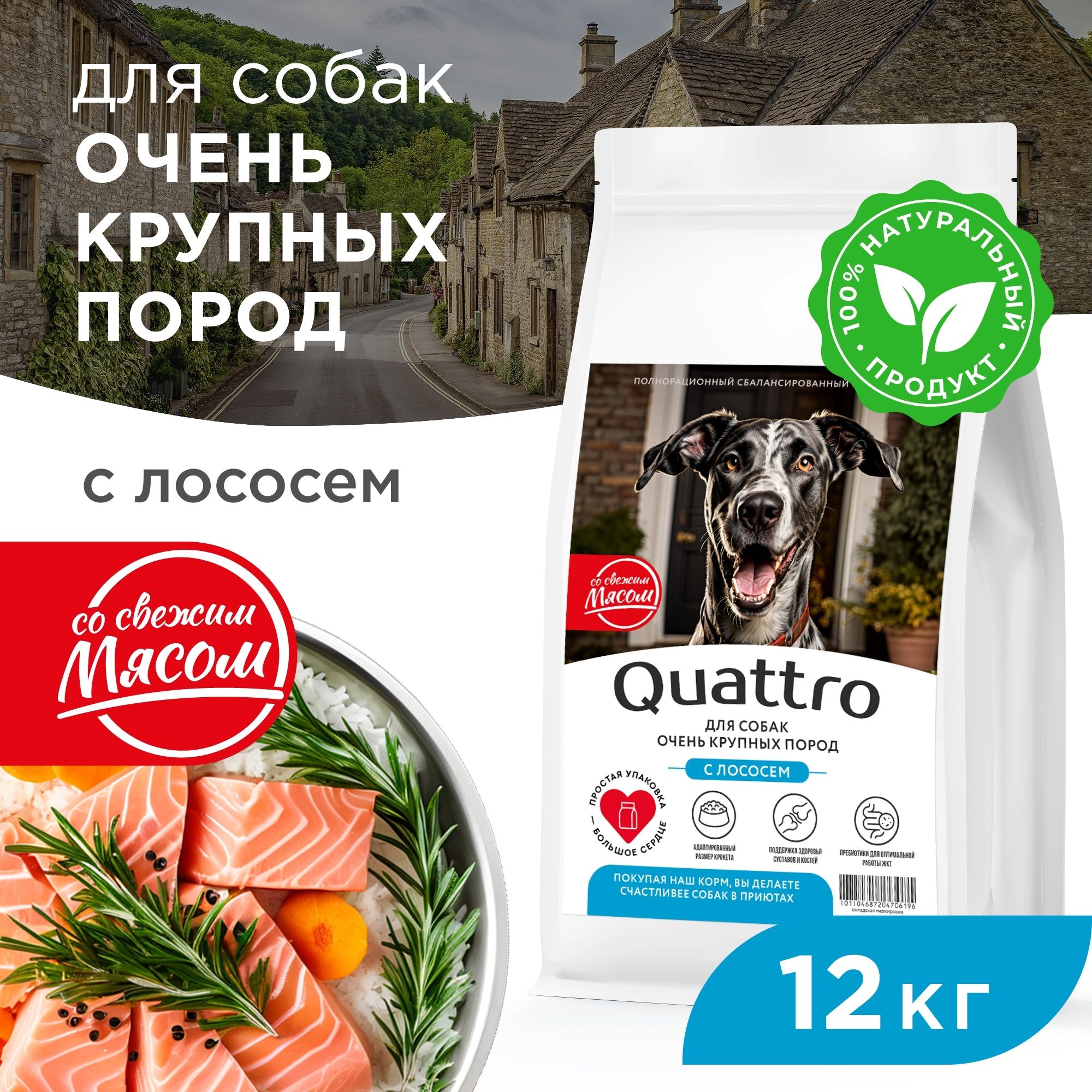 

Сухой корм для собак QUATTRO, для очень крупных пород лосось, 12 кг