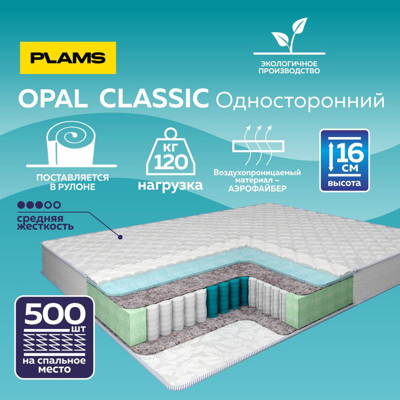 

Матрас пружинный Plams OPAL CLASSIC 90х180 односторонний, Белый, OPAL CLASSIC