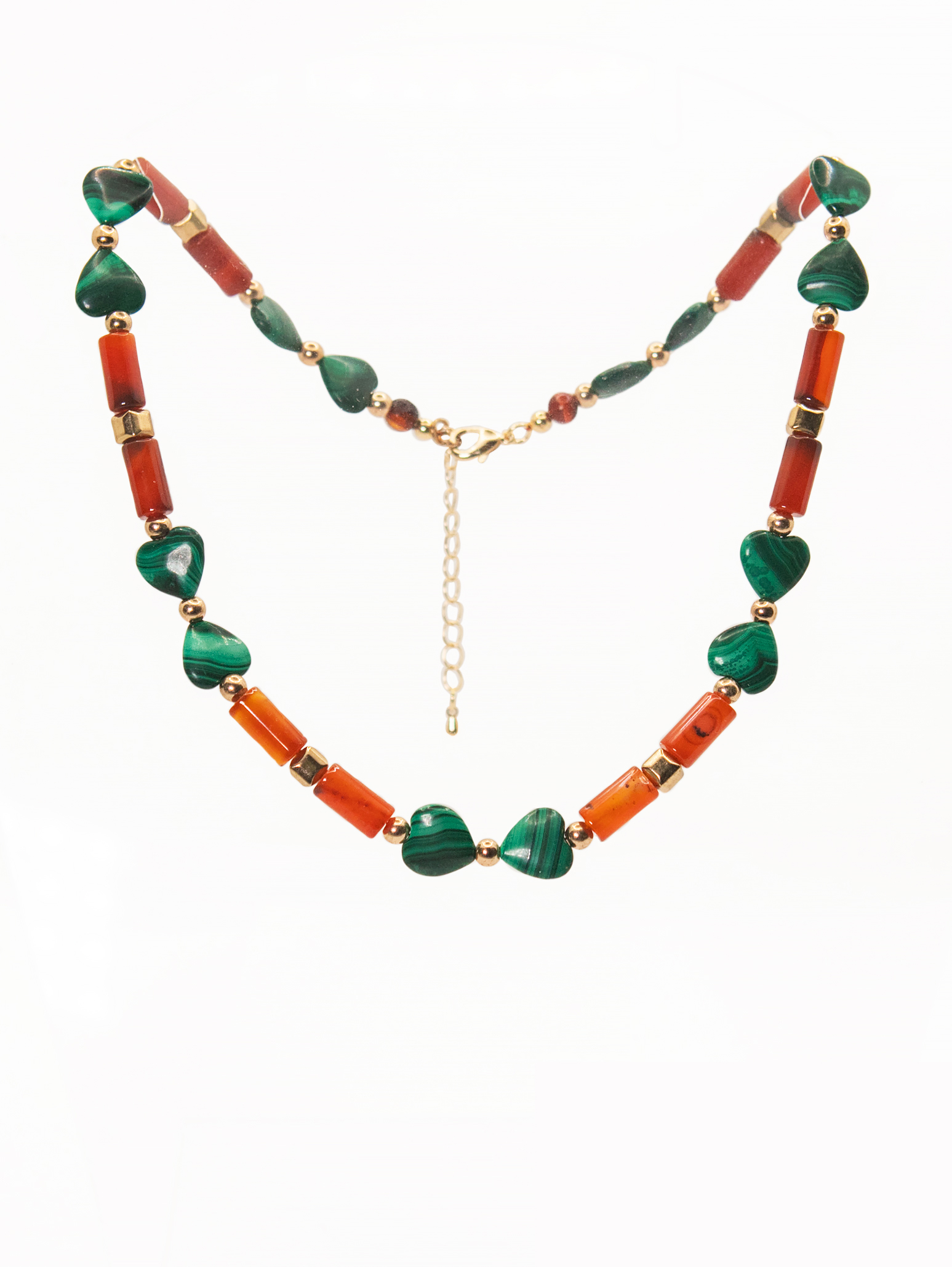 Ожерелье из бижутерного сплава 46 см Helena Malachite hearts, гематит/малахит/сердолик